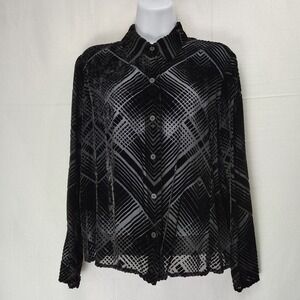 VTG Y2k‎ Emanuel Womens 4/38 Black Velvet Burnout Top Button Up Tunic Sheer Goth